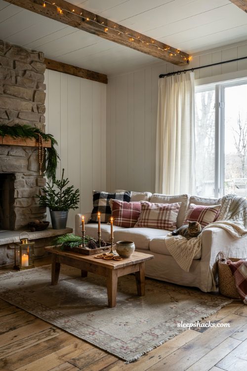 Farmhouse christmas living room with buffalo check and plaid holiday textiles