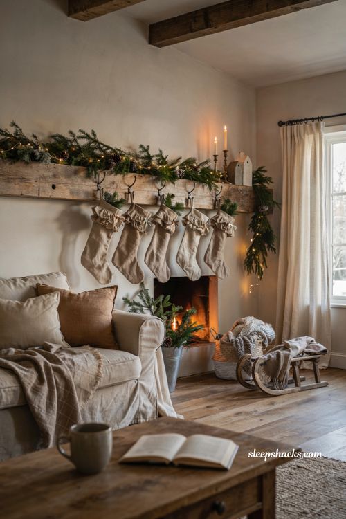 Farmhouse christmas mantel with rustic burlap stockings and fresh greenery
