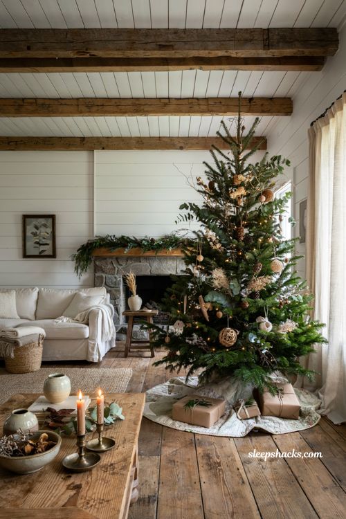 Farmhouse christmas tree decorated with natural foliage dried flowers and woodland textures