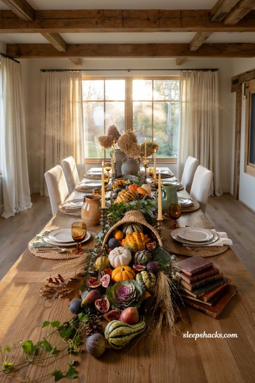 Farmhouse cornucopia centerpiece ideas with gourds seasonal fruit and cozy fall dining table