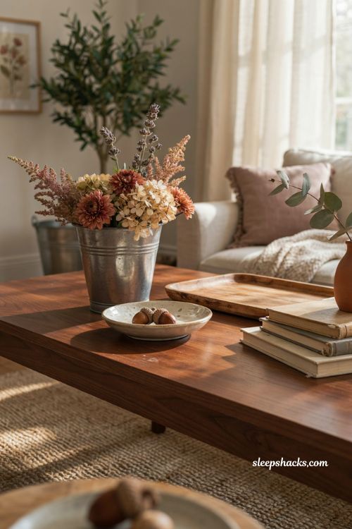 Farmhouse fall coffee table decor with galvanized metal planter muted flowers rustic wood and books 