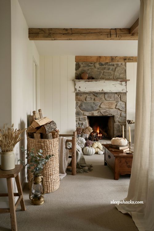 Farmhouse fall decor ideas with woven firewood basket cozy fireplace and rustic living room