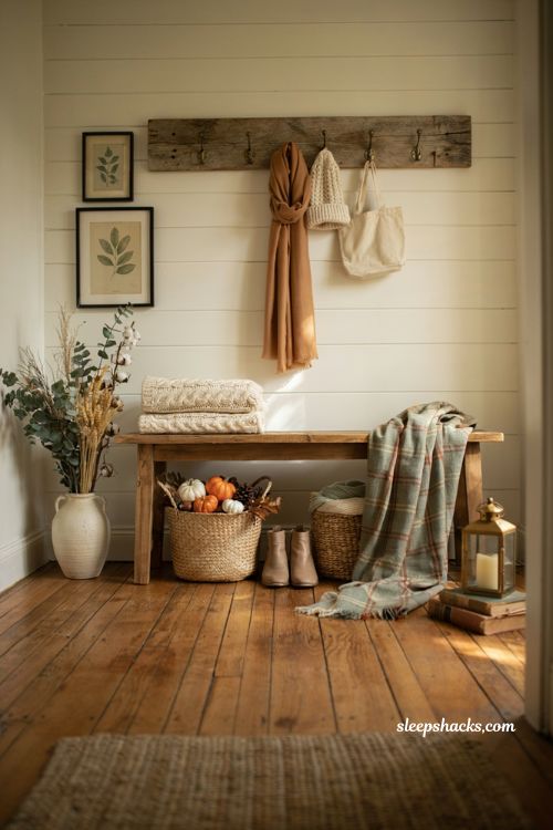 Farmhouse fall entryway bench decor ideas with plaid blankets pumpkins and cozy rustic accents