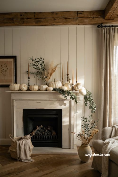 Farmhouse fall mantel decor ideas with white pumpkins eucalyptus and rustic autumn accents