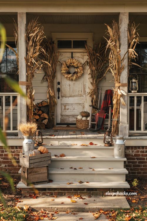 Farmhouse fall porch decor ideas with dried cornstalks rustic harvest accents and cozy entryway
