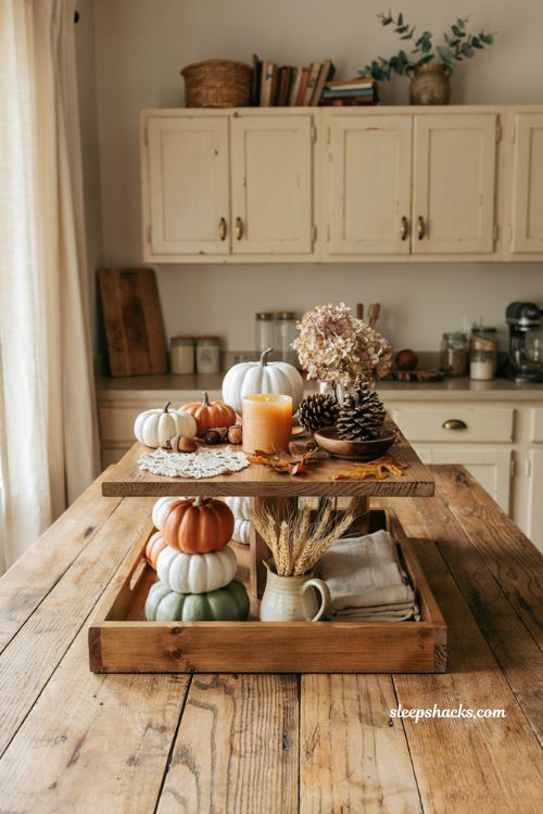 Farmhouse fall tiered tray decor ideas with pumpkins candles and rustic kitchen accents
