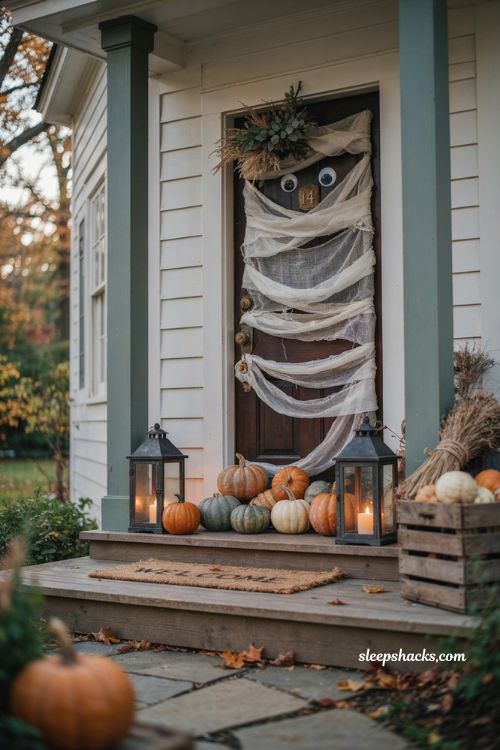 Farmhouse halloween porch ideas with a mummy door and pumpkin display