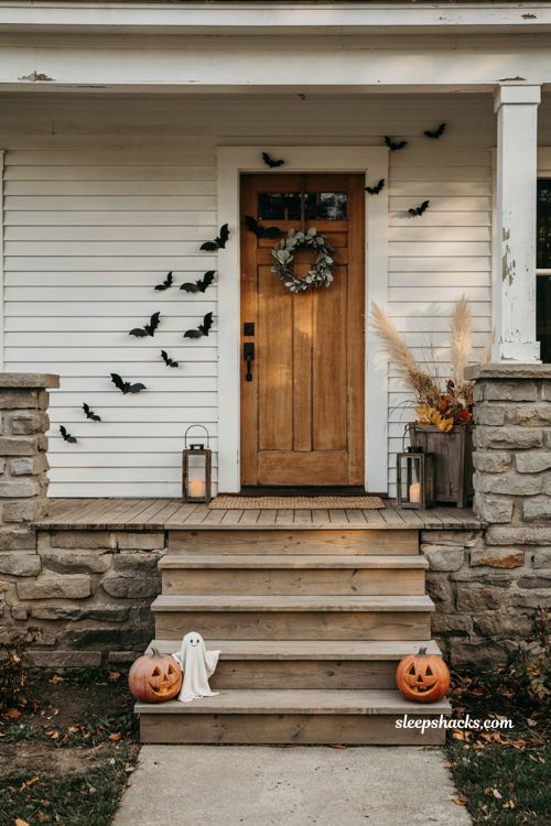 Farmhouse halloween porch ideas with a rustic bat trail and pumpkins