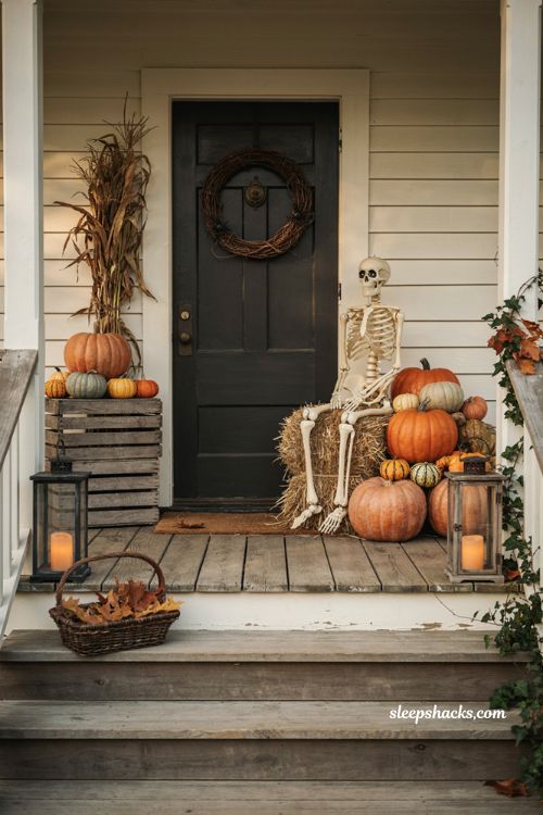 Farmhouse halloween porch ideas with a skeleton hay bale and pumpkins