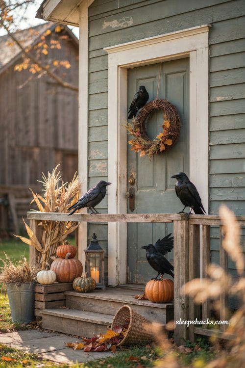 Farmhouse halloween porch ideas with black crows pumpkins and rustic wreaths