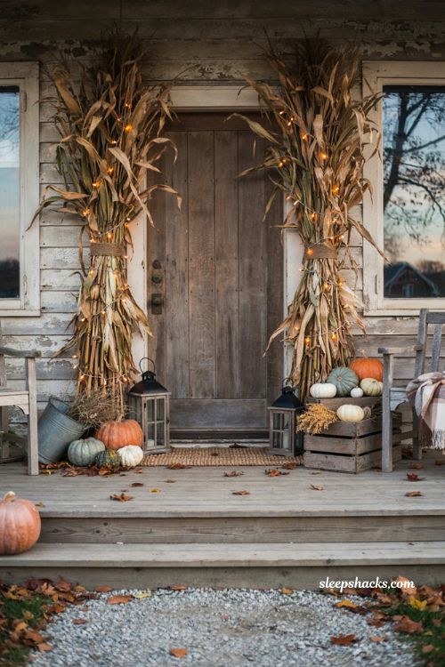Farmhouse halloween porch ideas with glowing corn stalks and pumpkins