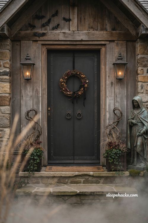 Farmhouse halloween porch ideas with gothic black doors and moody decor