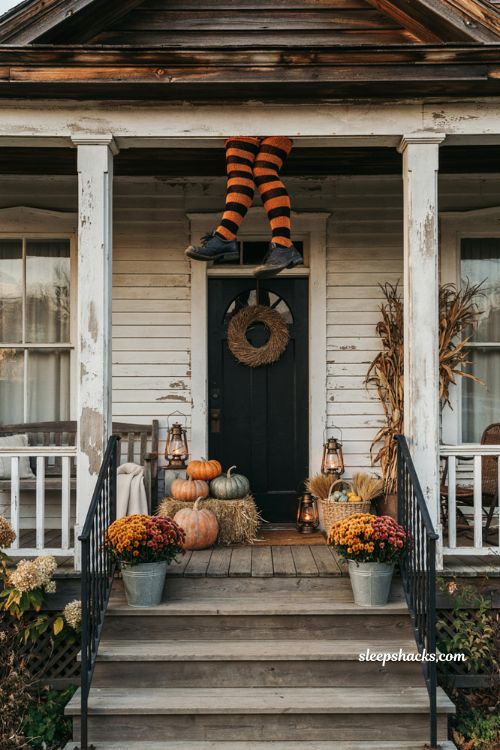 Farmhouse halloween porch ideas with hanging striped witch legs