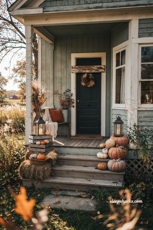 Farmhouse halloween porch ideas with hay bales pumpkins and glowing lanterns