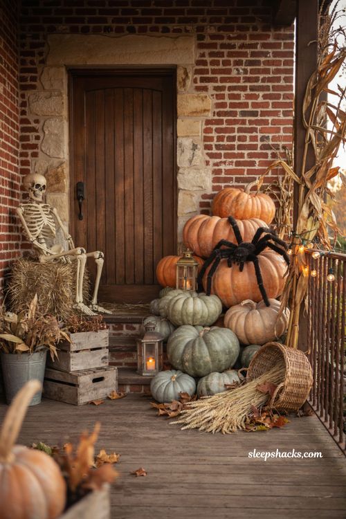 Farmhouse halloween porch ideas with pumpkins fuzzy spiders and a skeleton