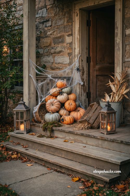 Farmhouse halloween porch ideas with pumpkins tangled in spooky spider webbing