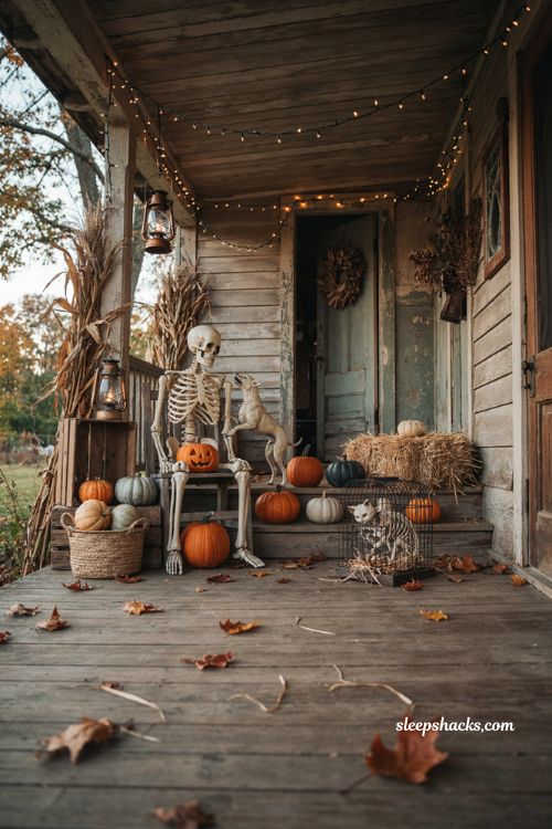 Farmhouse halloween porch ideas with skeleton animals and pumpkins