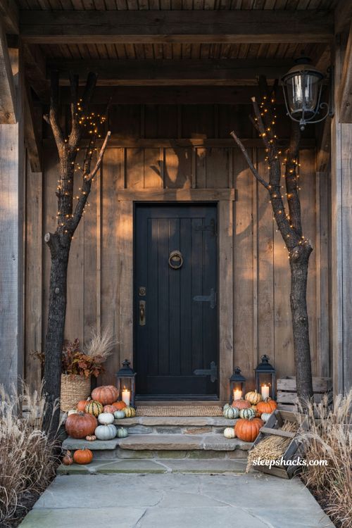 Farmhouse halloween porch ideas with twisted black trees and amber lights