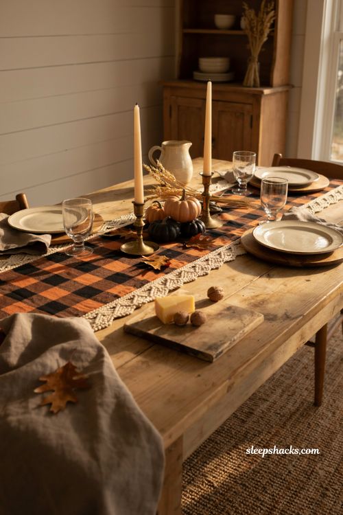 Farmhouse plaid Halloween table runner with rustic woven dining decor