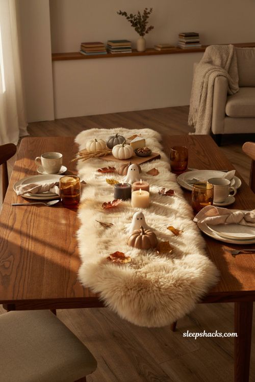 Faux fur ghost and pumpkin Halloween table runner with cozy fall decor