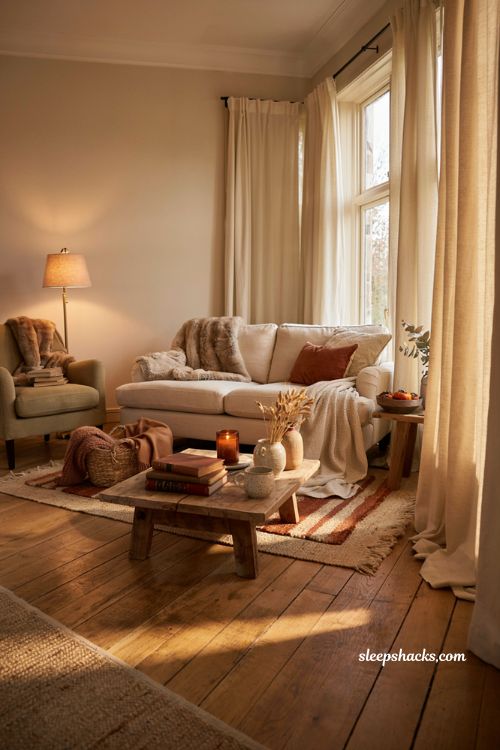 Faux fur throw ideas for a cozy fall living room with warm neutral decor