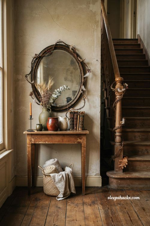 Feathered vine Halloween garland with berries and natural texture on a stair rail 