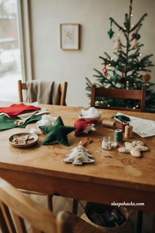 Felt Christmas ornaments craft for kids with handmade stars hearts and simple sewing