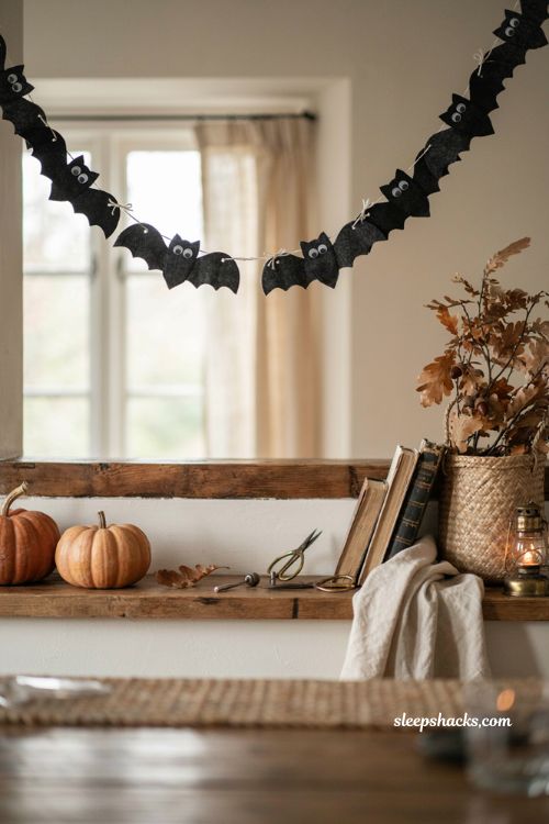 Felt bat Halloween garland DIY with eyelet wings white string bows and googly eyes