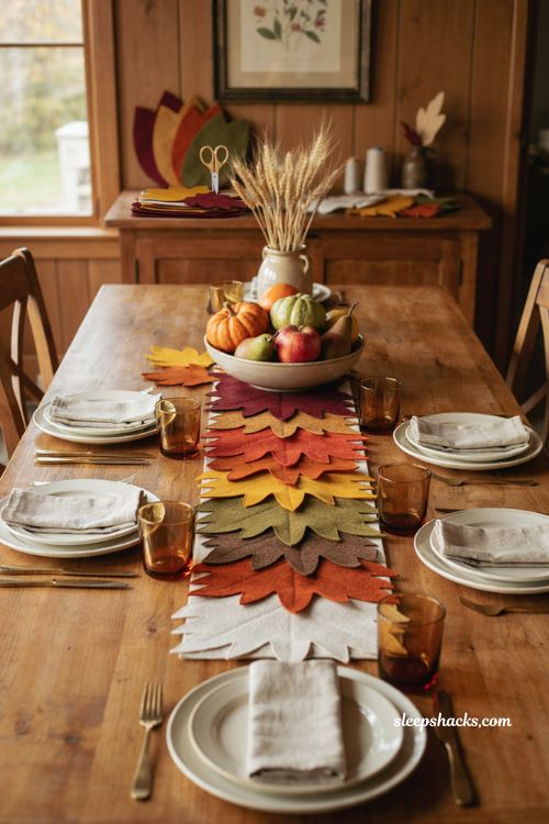 Felt leaf overlap fall table runner in burgundy rust mustard and olive Thanksgiving table decor