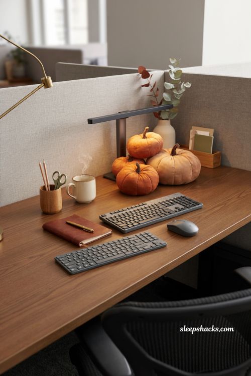 Felt pumpkin desk pillows for cozy subtle office Halloween decor