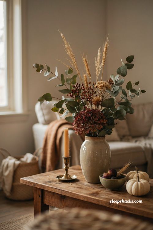 Fig berries and rust toned florals boho fall decor with eucalyptus wheat and burgundy accents