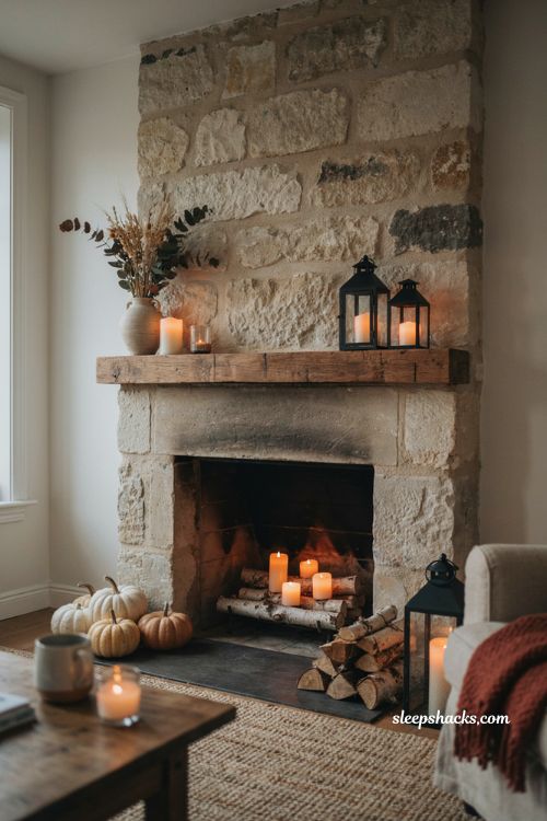 Fireplace fall decor with firewood lanterns cozy rug pumpkins and warm autumn living room styling