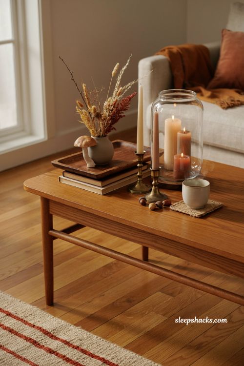 Flameless candles on a fall coffee table with hurricane glass dried stems and rustic seasonal decor 