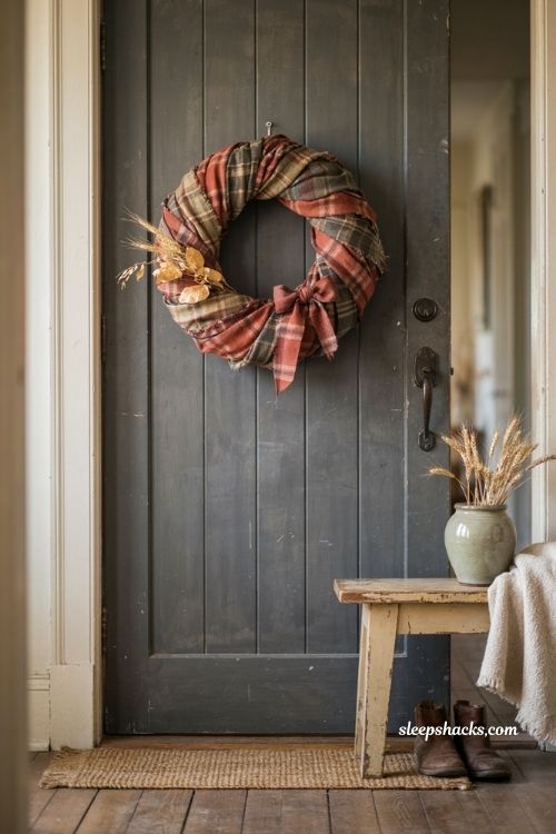 Flannel wrapped wreath with plaid fabric and simple bow for vintage fall decor