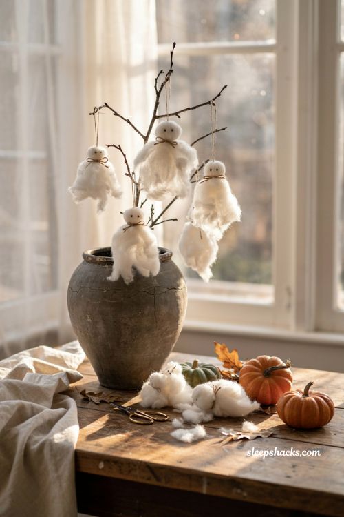 Floating batting ghosts for an easy cozy Halloween DIY craft