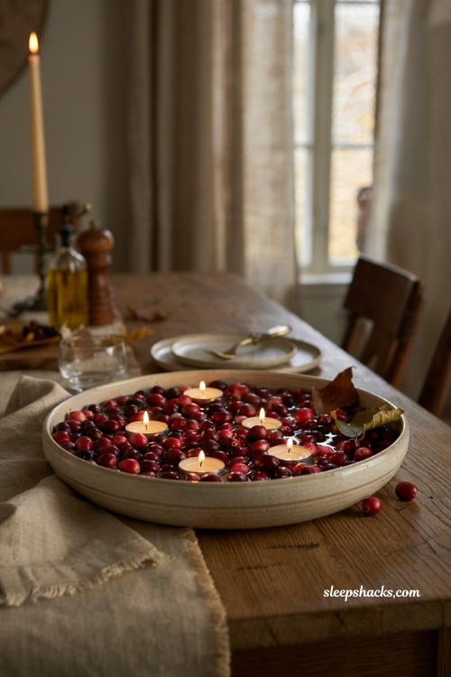 Floating candles in cranberries for cozy fall table decor