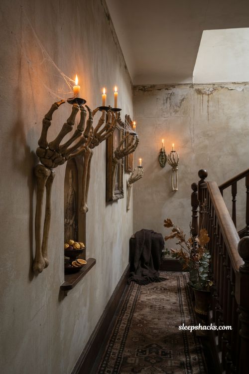 Floating hand candleholders Halloween hallway decor with spooky gothic style