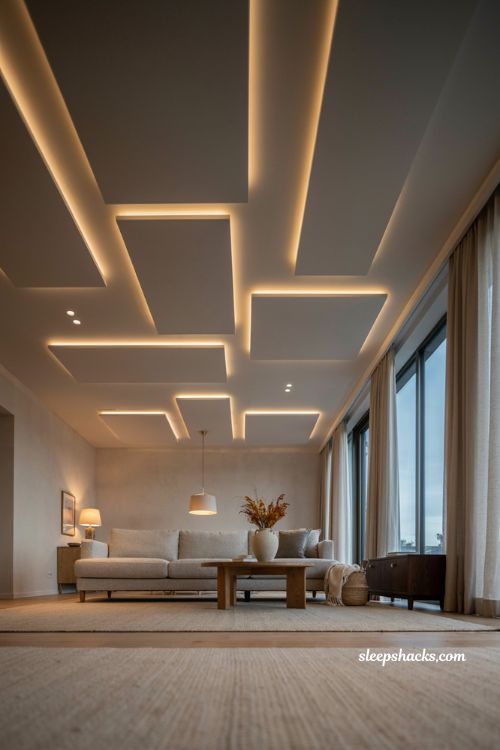 Floating panel fall ceiling with profile lighting modern hall design and warm evening ambiance