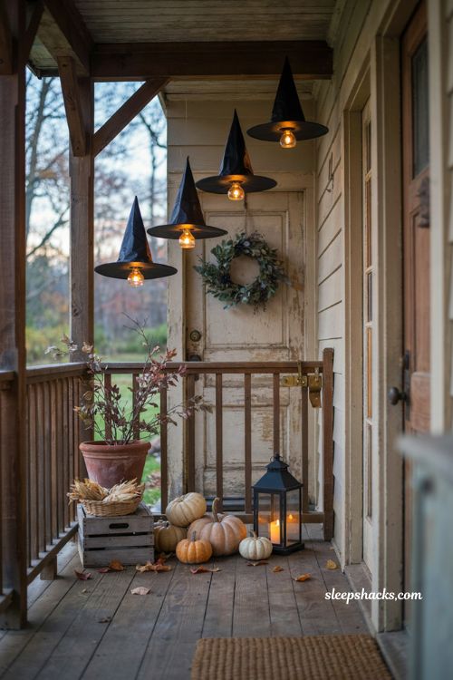 Floating witch hat luminaries with warm lights for cozy DIY Halloween porch decor