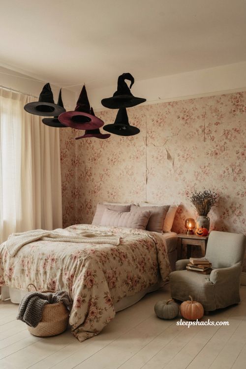 Floating witch hats Halloween bedroom with pastel floral bedding