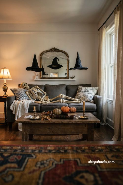 Floating witch hats Halloween living room decor with white pumpkins and cozy witchy accents 