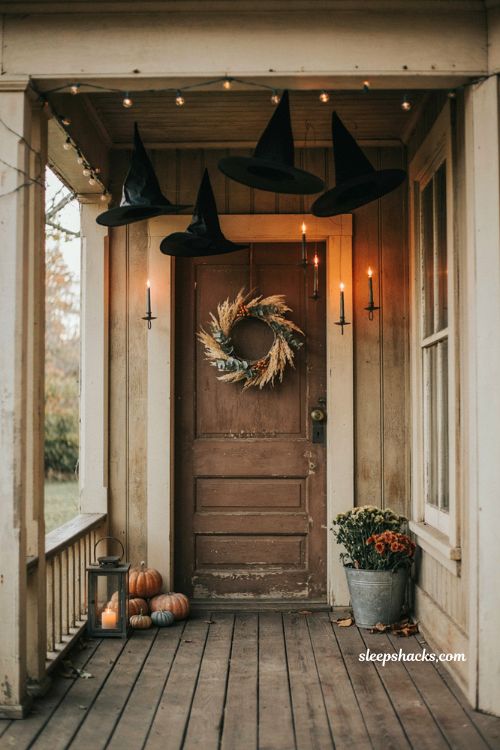Floating witch hats for small porch halloween decor