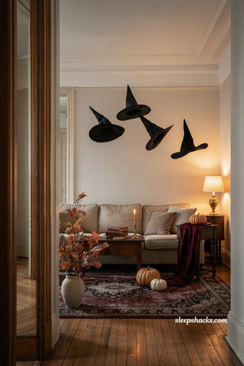 Floating witch hats over a cozy Halloween living room entryway with elegant gothic decor and warm autumn styling 