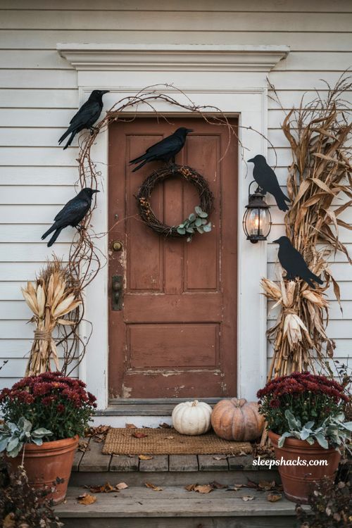 Flock of crows around a farmhouse front door for Halloween decor