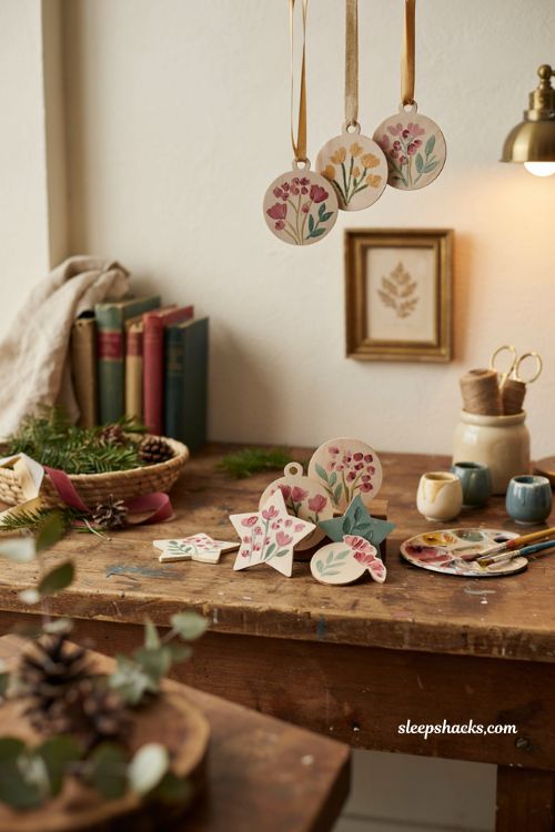 Floral painted wooden Christmas ornaments with simple beginner brushstrokes