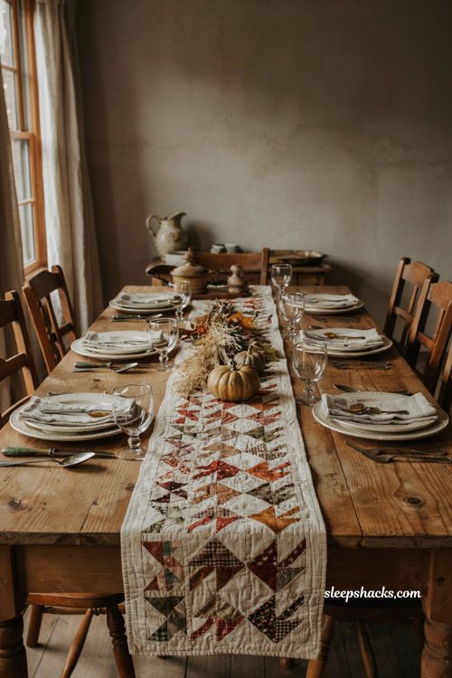 Flying geese fall table runner in rich autumn colors