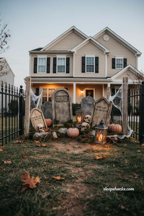Foam tombstone graveyard Halloween decorations with cemetery fence, skulls, and cobwebs 