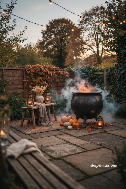 Foggy cauldron centerpiece for patio halloween decorating
