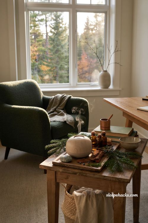 Forest fall diffuser blend with balsam fir cedarwood juniper pine and cozy home office decor