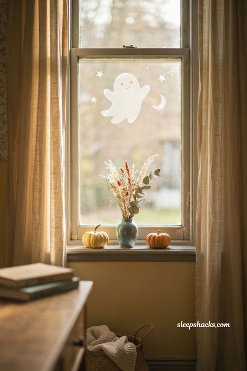 Friendly ghost Halloween window decal with stars moon and cozy autumn bedroom decor